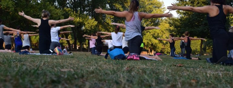 An image of a group of people performing exercise in the park.