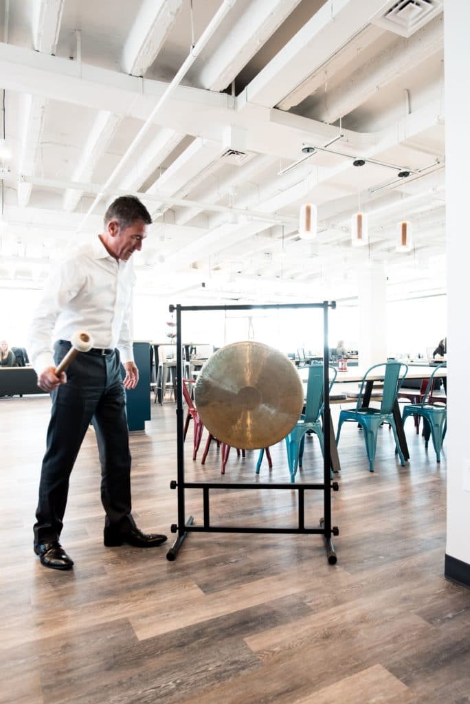 Marcos Lopez hitting the celebratory gong.