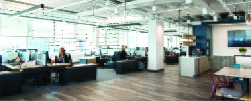 Exude employees at their office desks.