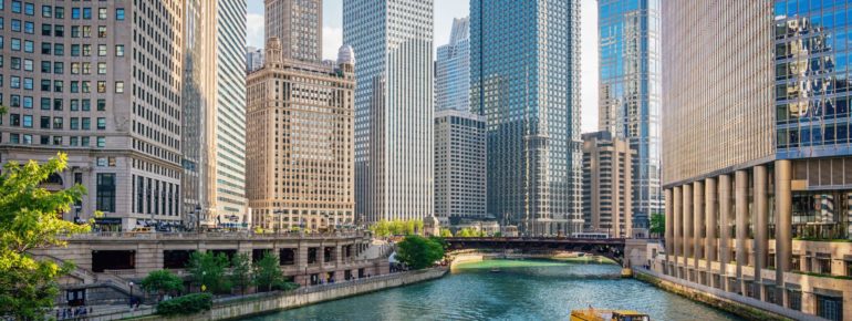image: Famous river in Chicago surrounded by skyscrapers
