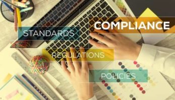 banner: Person typing on their computer with the words "standards", "compliance", "regulations", and "policies" overlaid on the image