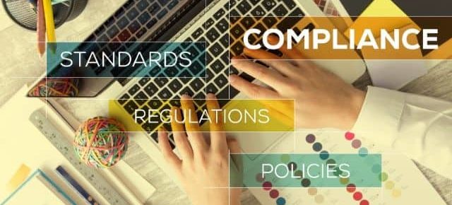 banner: Person typing on their computer with the words "standards", "compliance", "regulations", and "policies" overlaid on the image