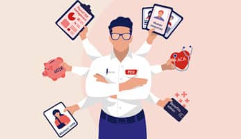 image: Man with "PEO" nametag with eight arms, two crossed, one holding tables labeled "Human Resources", another holding a heart and stethoscope that says "ACA", another hand holds a wallet titled "Benefits admin", one has a tablet labeled "Workers' comp", another hand is holding a piggybank labeled "401k", and final hand has a clipboard that says "Payroll SUI management"